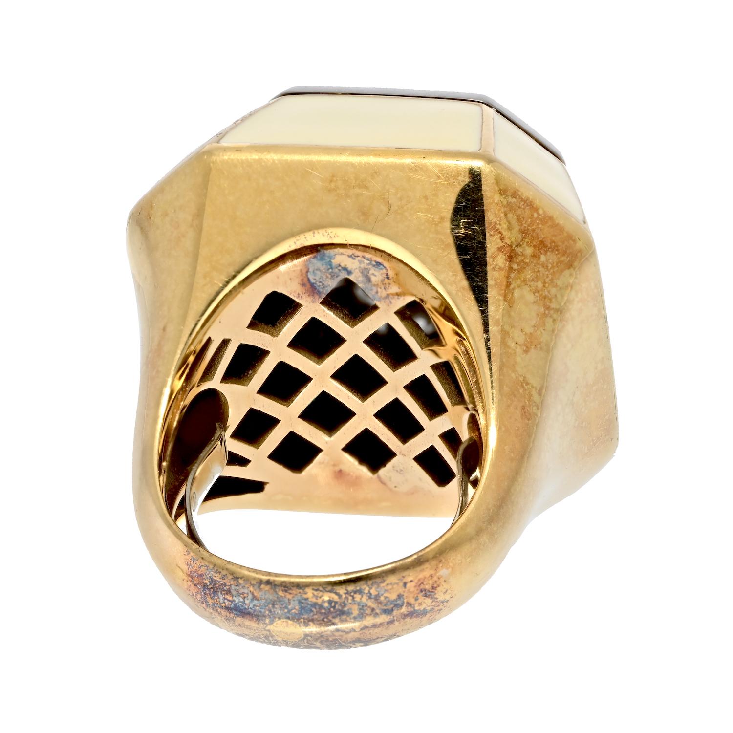 David Webb 18K Yellow Gold Octagon Diamond Cluster Cream Enamel Cocktail Ring In Excellent Condition For Sale In New York, NY