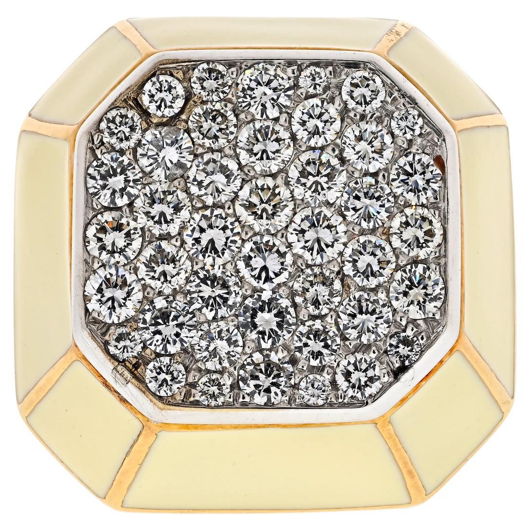 David Webb 18K Yellow Gold Octagon Diamond Cluster Cream Enamel Cocktail Ring For Sale