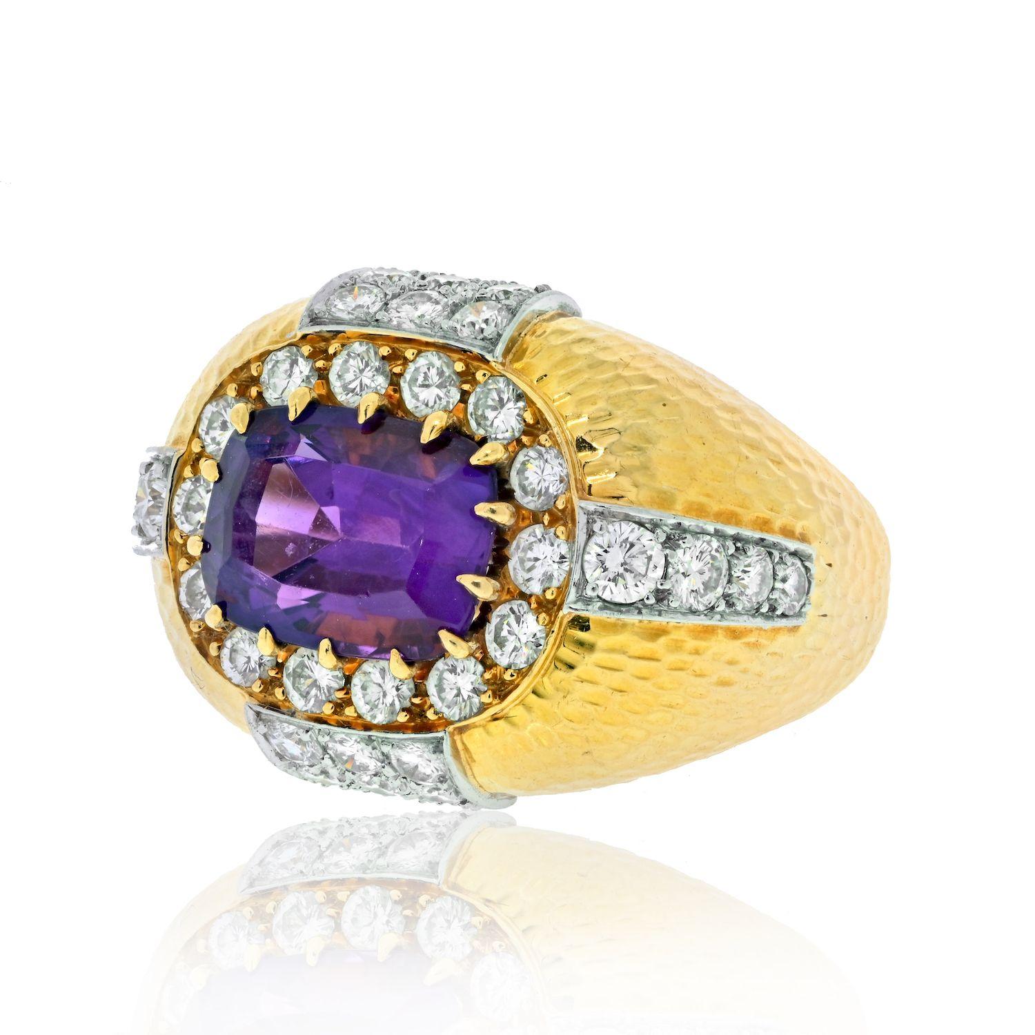 Modern David Webb 18K Yellow Gold Oval Amethyst and Diamond Hammered Finish Ring For Sale