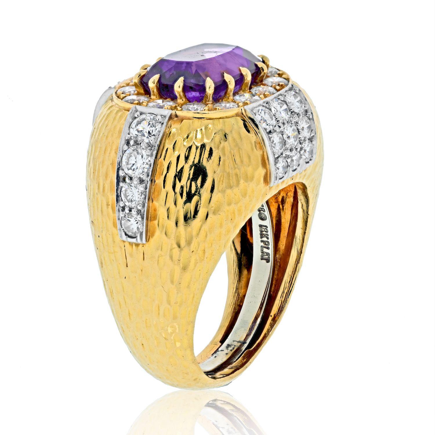 Cushion Cut David Webb 18K Yellow Gold Oval Amethyst and Diamond Hammered Finish Ring For Sale