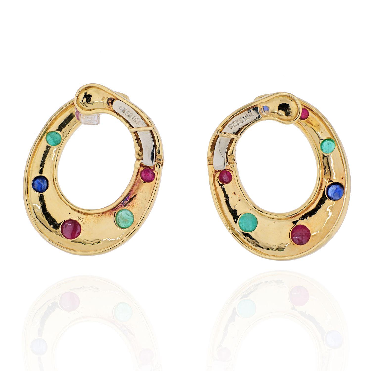 Modern David Webb 18K Yellow Gold Oval Shaped Sapphires, Emeralds and Rubies Earrings