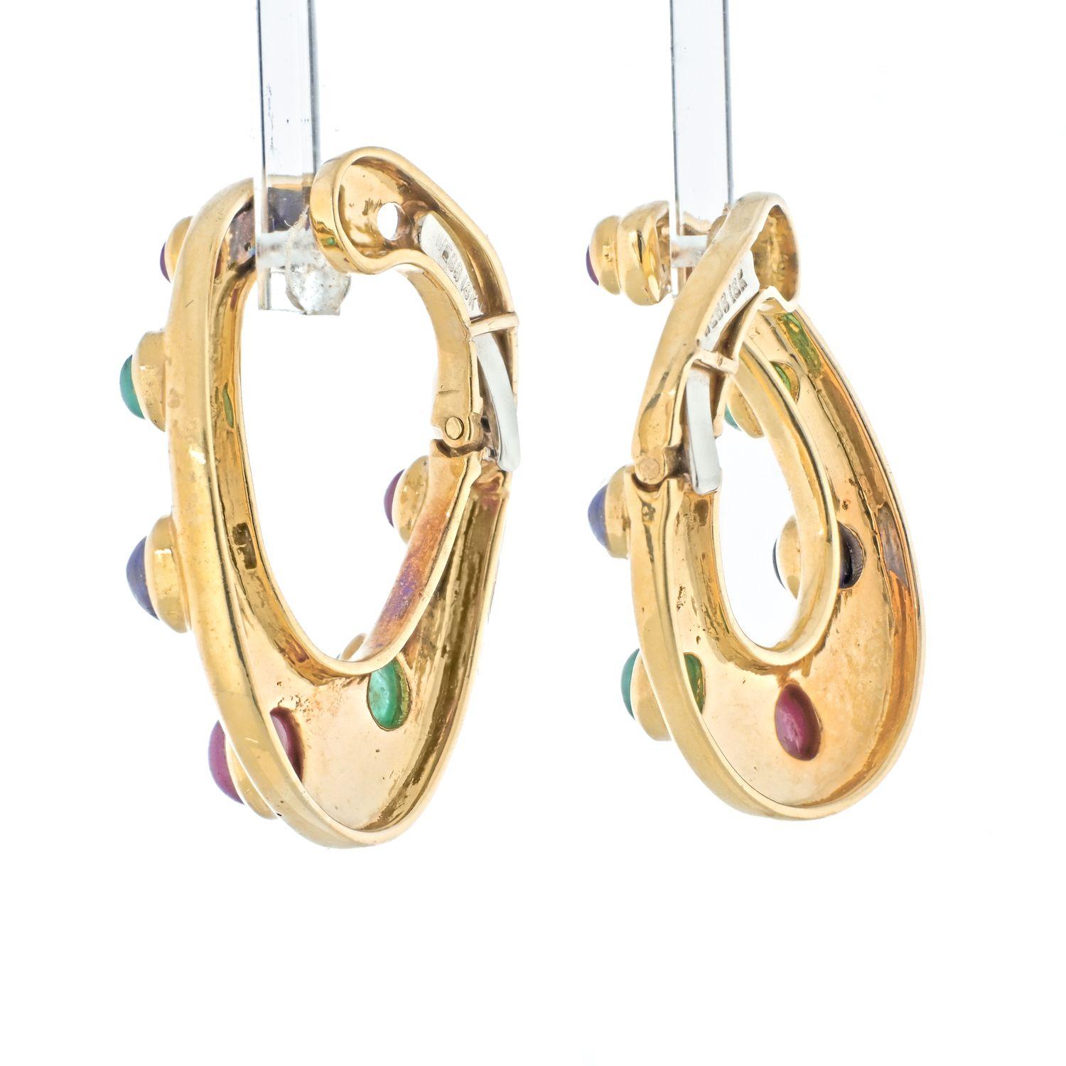 Oval Cut David Webb 18K Yellow Gold Oval Shaped Sapphires, Emeralds and Rubies Earrings