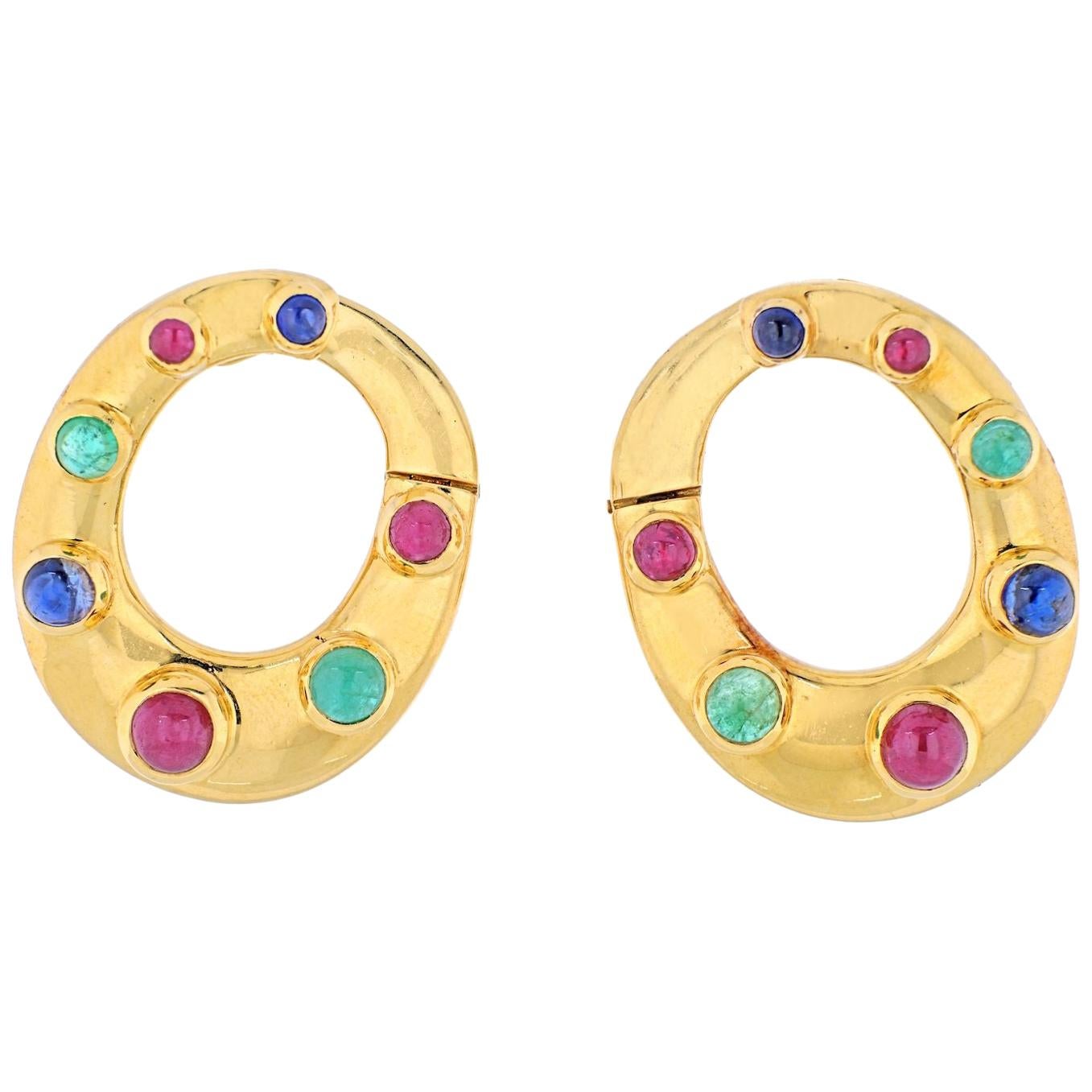 David Webb 18K Yellow Gold Oval Shaped Sapphires, Emeralds and Rubies Earrings