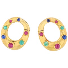 David Webb 18K Yellow Gold Oval Shaped Sapphires, Emeralds and Rubies Earrings David Webb 18K Yellow Gold Oval Shaped Sapphires, Emeralds and Rubies Earrings