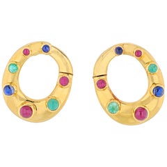 David Webb 18K Yellow Gold Oval Shaped Sapphires, Emeralds and Rubies Earrings