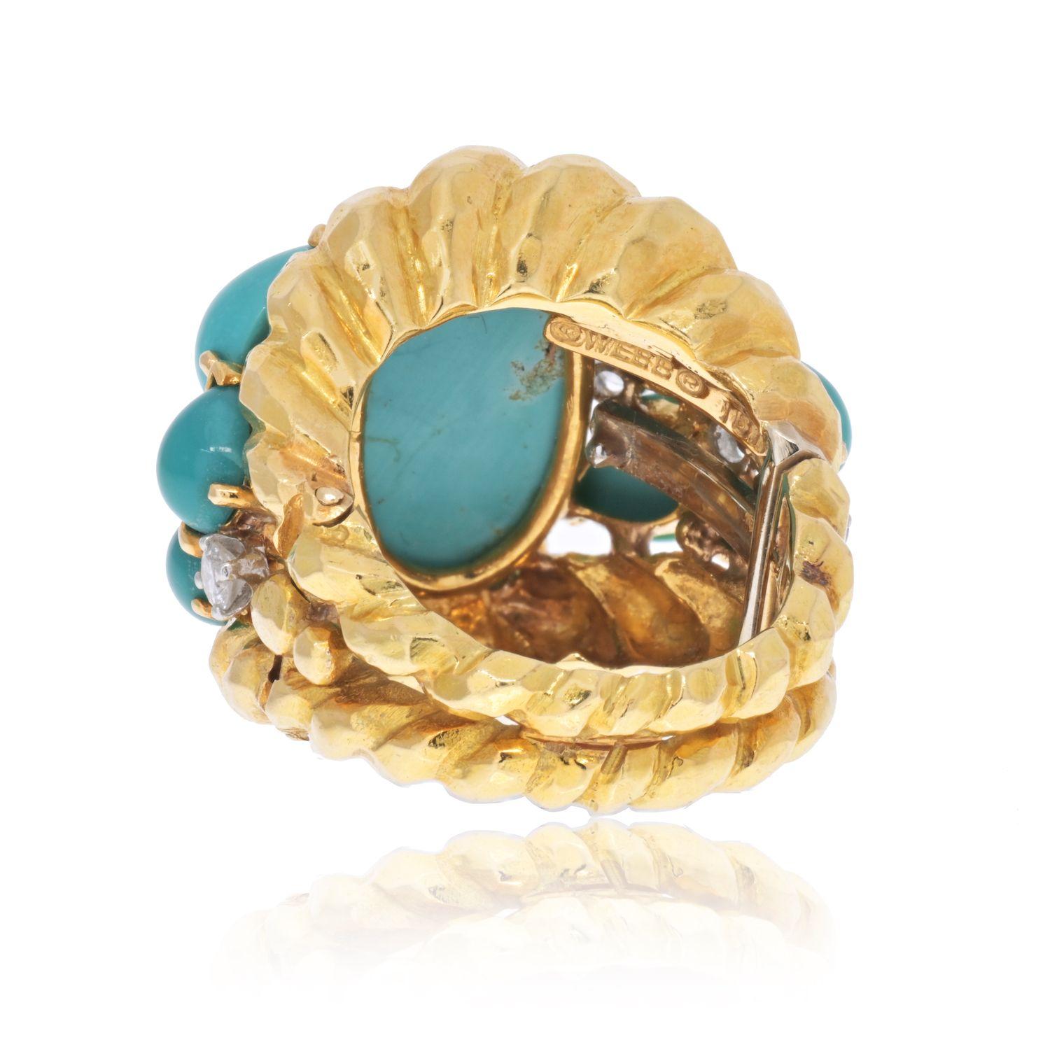 Oval Cut David Webb 18K Yellow Gold Oval Turquoise and Diamond Scute Style Ring