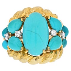 David Webb 18K Yellow Gold Oval Turquoise and Diamond Scute Style Ring