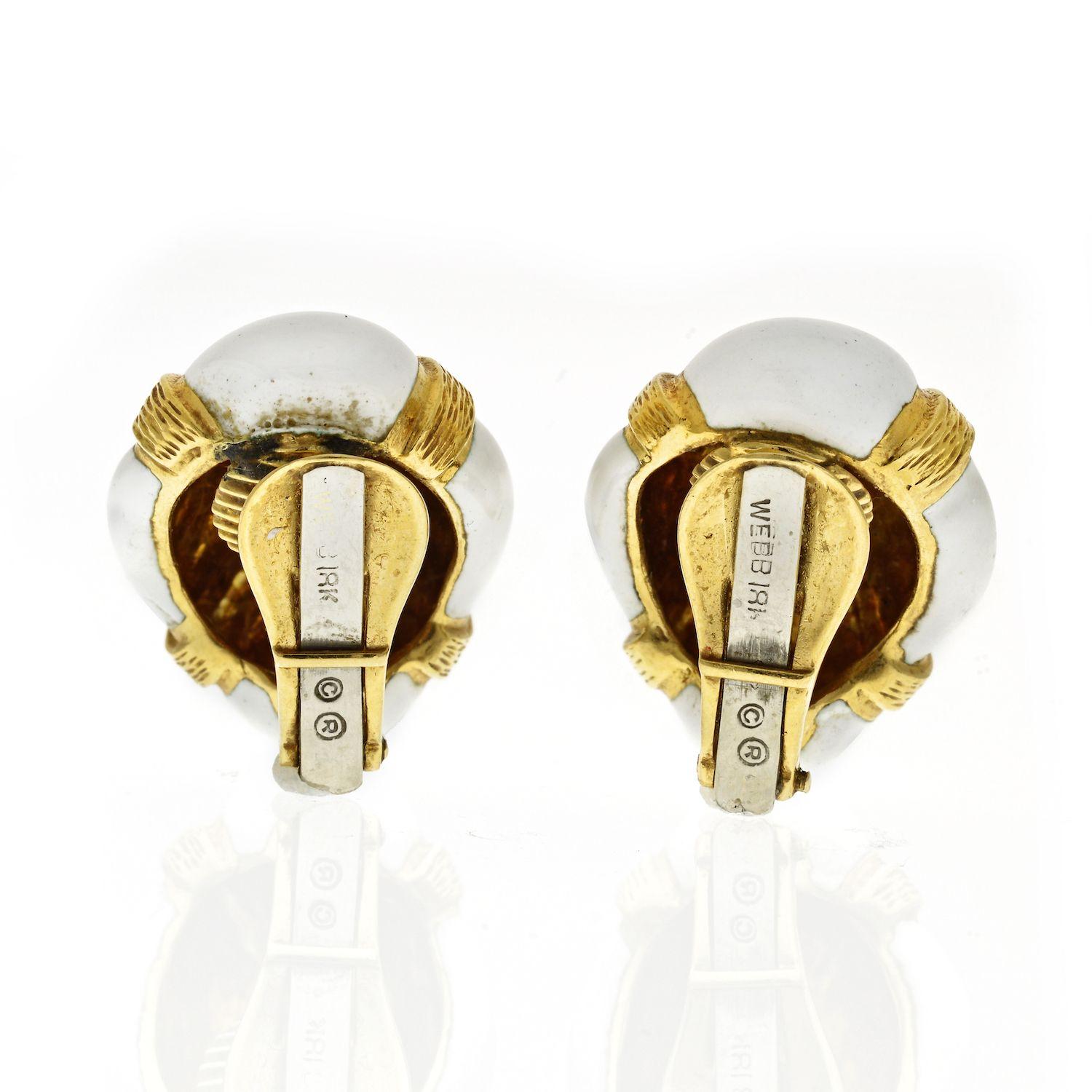 Modern David Webb 18k Yellow Gold Oval White Enamel Earrings For Sale