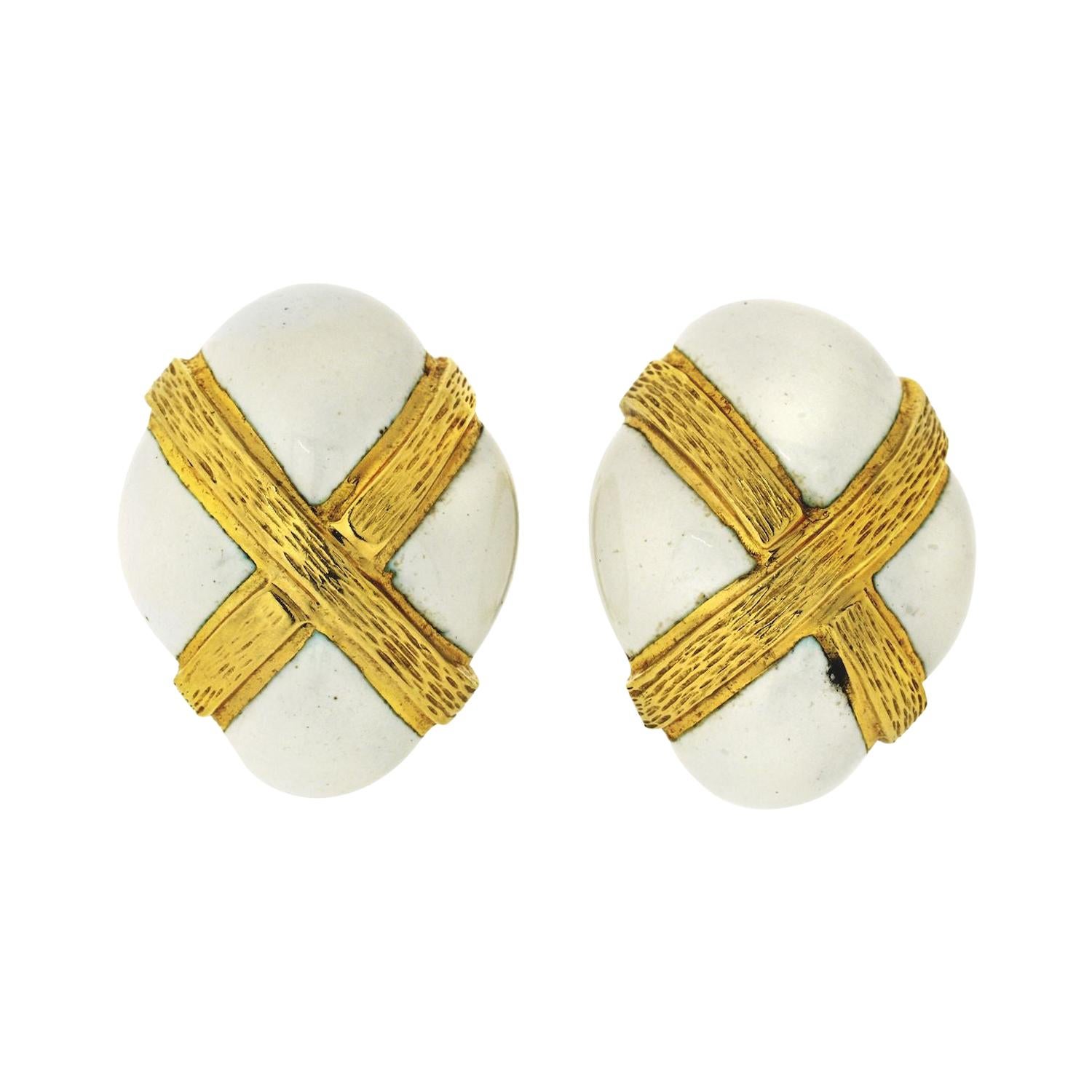 David Webb 18k Yellow Gold Oval White Enamel Earrings