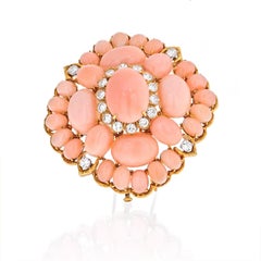 David Webb 18K Yellow Gold Pink Coral Cluster and Diamond 1960's Brooch