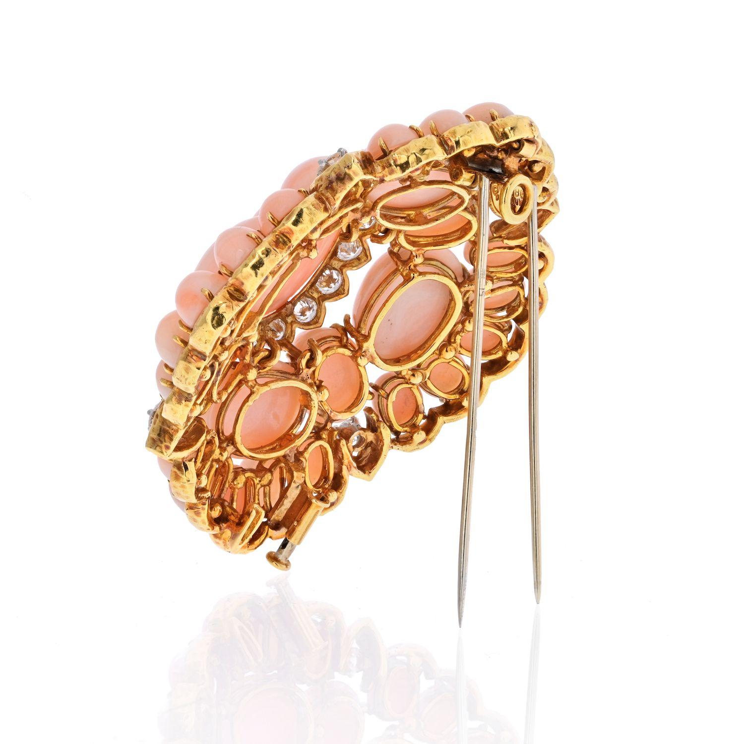 Modern David Webb 18K Yellow Gold Pink Coral Cluster and Diamond 1960's Brooch For Sale
