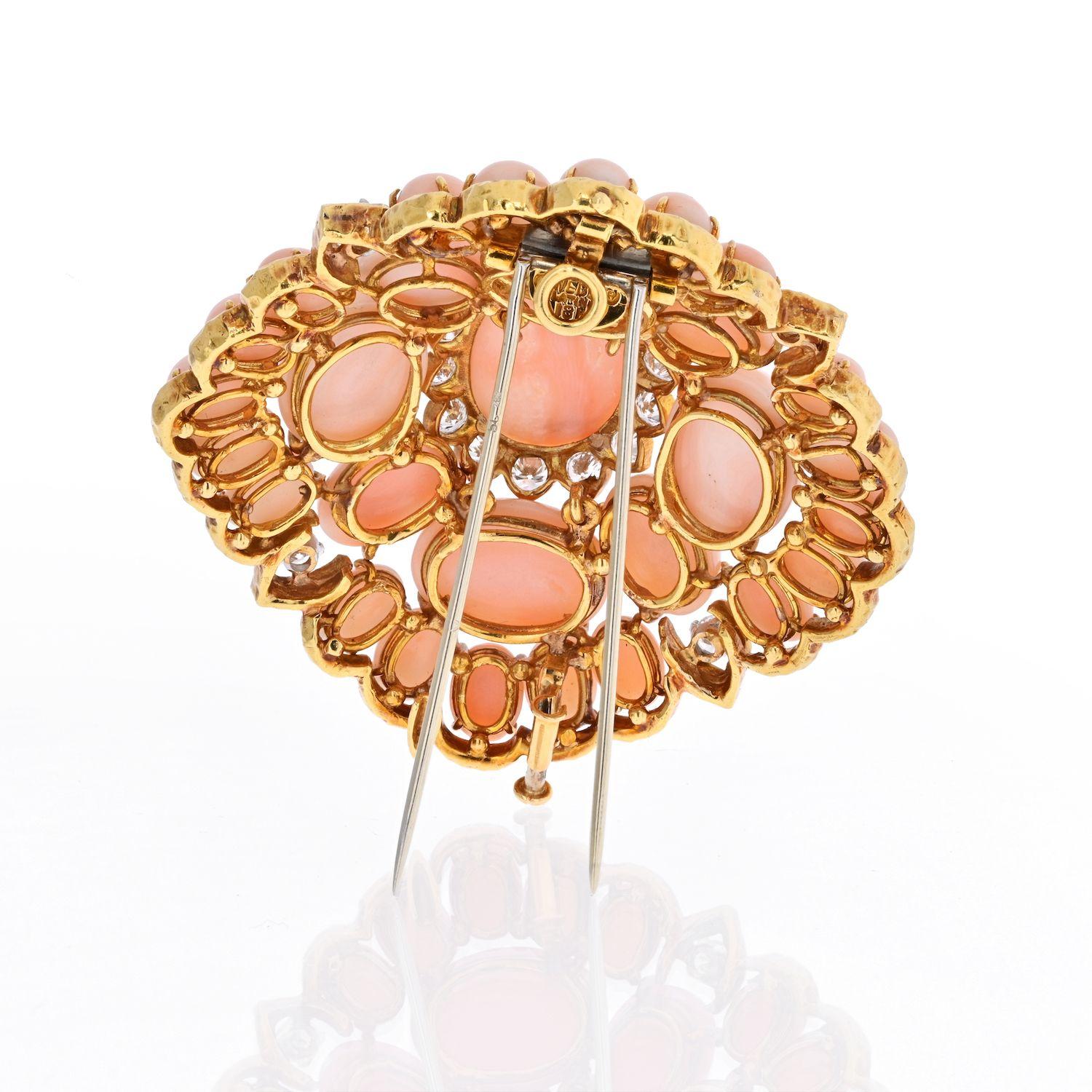 Cabochon David Webb 18K Yellow Gold Pink Coral Cluster and Diamond 1960's Brooch For Sale