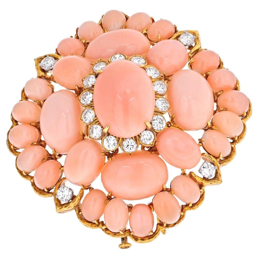 David Webb 18K Yellow Gold Pink Coral Cluster and Diamond 1960's Brooch For Sale