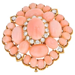 David Webb 18K Yellow Gold Pink Coral Cluster and Diamond 1960's Brooch