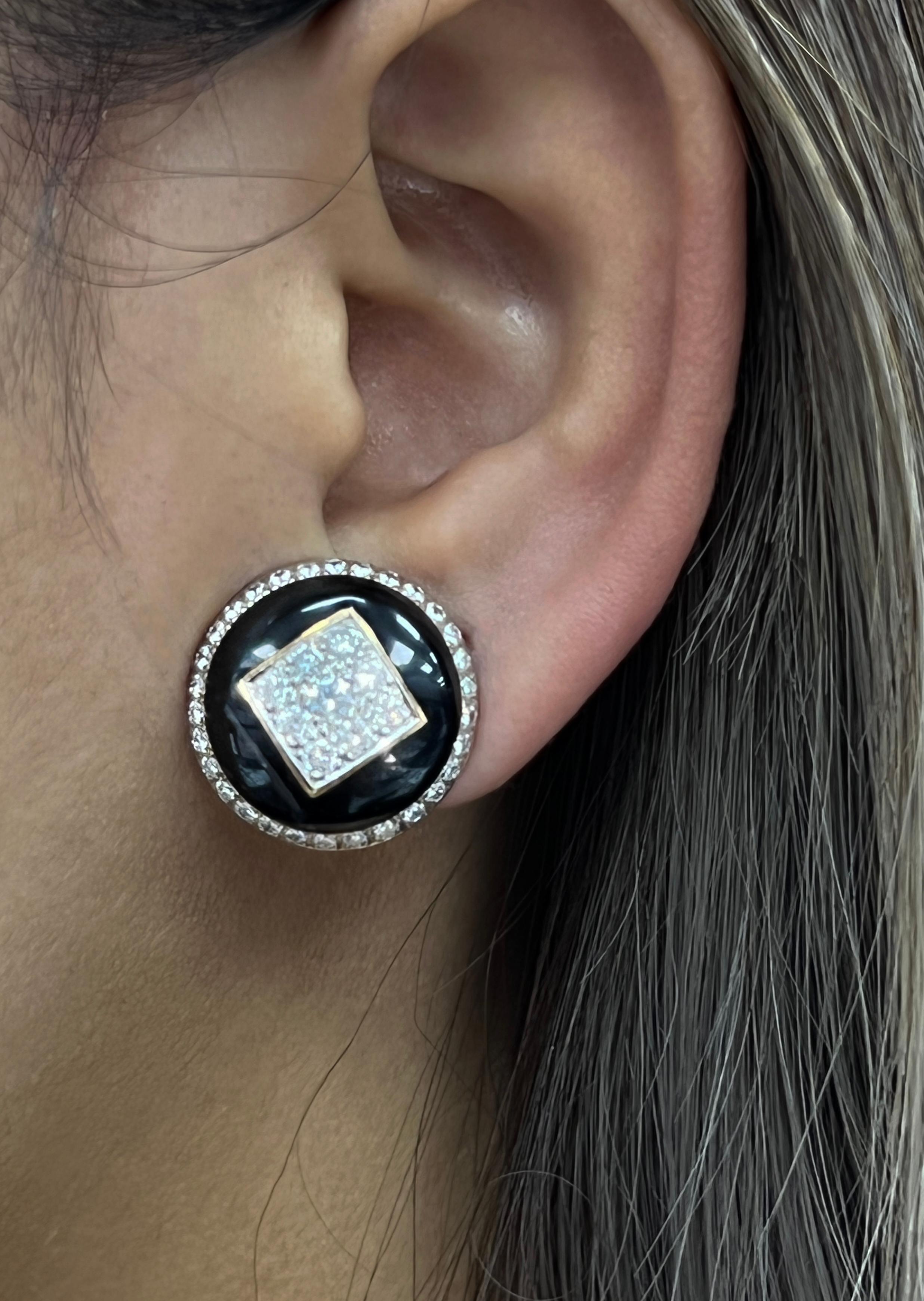 David Webb 18k Yellow Gold, Platinum and Black Enamel Diamond Earrings 3