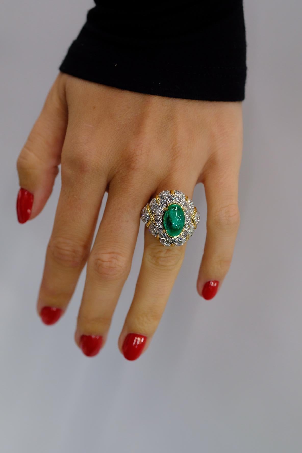 David Webb 18 Karat Yellow Gold, Platinum, Cabochon Emerald, Diamond Bombe Ring In Excellent Condition For Sale In New York, NY