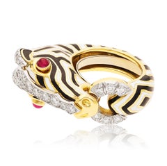 DAVID WEBB 18K Yellow Gold & Platinum Cabochon Ruby and Diamond Zebra Ring