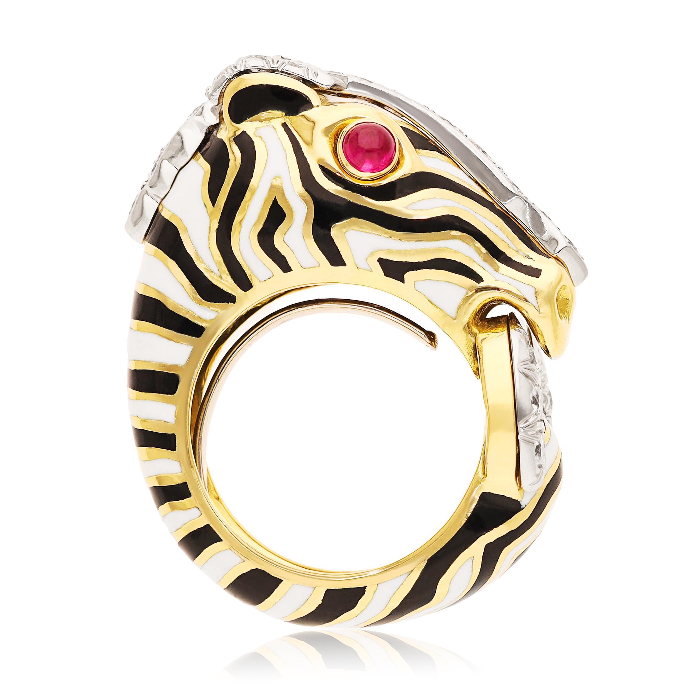 Anello "Zebra" di David Webb in oro giallo 18 carati e platino con rubino cabochon e diamanti in vendita