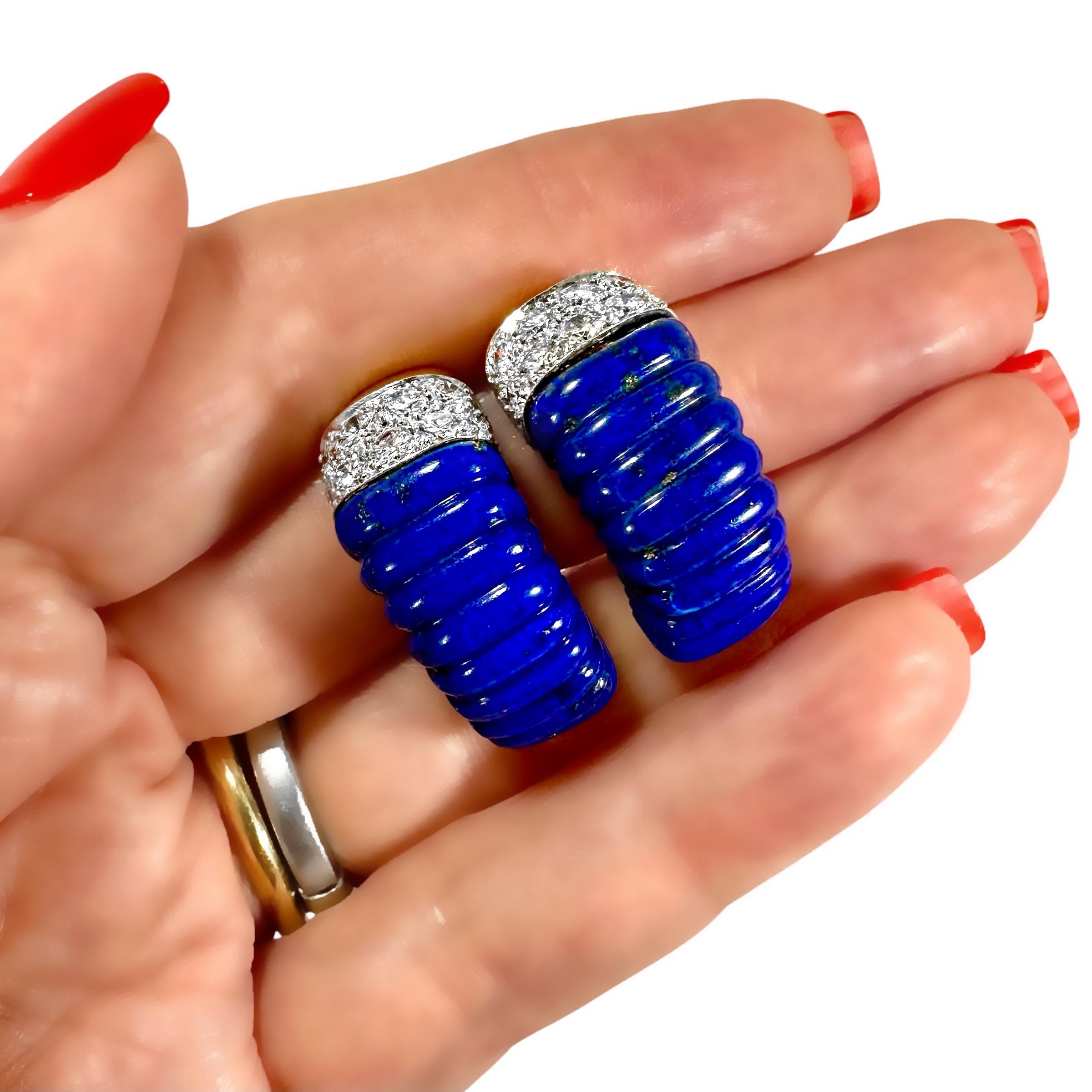 David Webb 18K Yellow Gold, Platinum,  Diamond and Lapis Lazuli J Hoop Earrings en vente 4