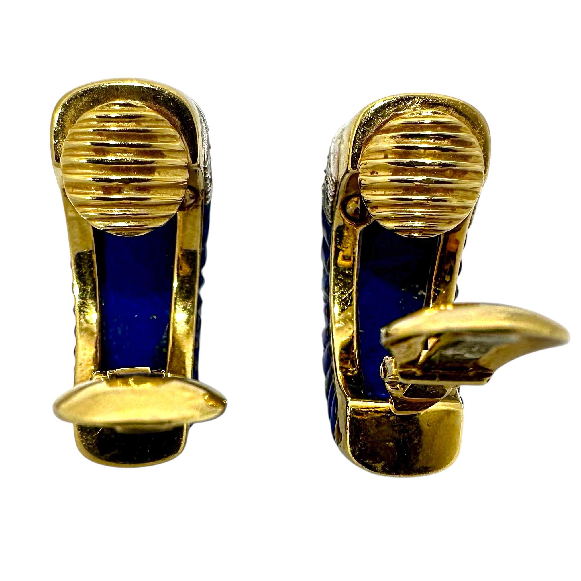 David Webb 18K Yellow Gold, Platinum,  Diamond and Lapis Lazuli J Hoop Earrings Bon état - En vente à Palm Beach, FL