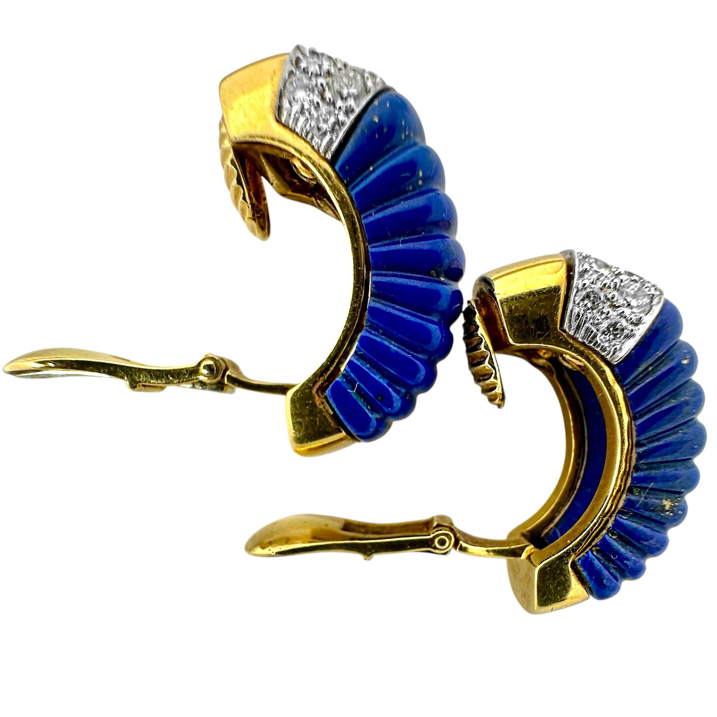 David Webb 18K Yellow Gold, Platinum,  Diamond and Lapis Lazuli J Hoop Earrings Unisexe en vente