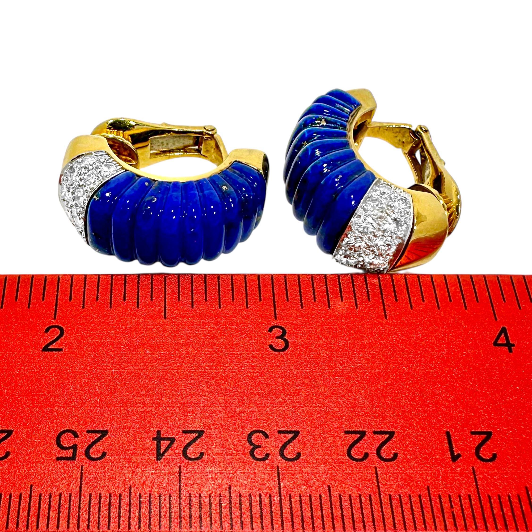 David Webb 18K Yellow Gold, Platinum,  Diamond and Lapis Lazuli J Hoop Earrings en vente 2