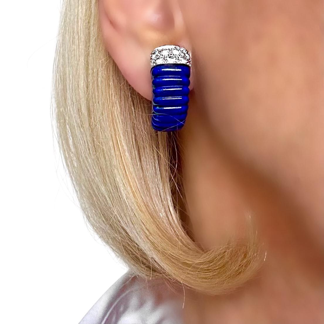 David Webb 18K Yellow Gold, Platinum,  Diamond and Lapis Lazuli J Hoop Earrings en vente 3