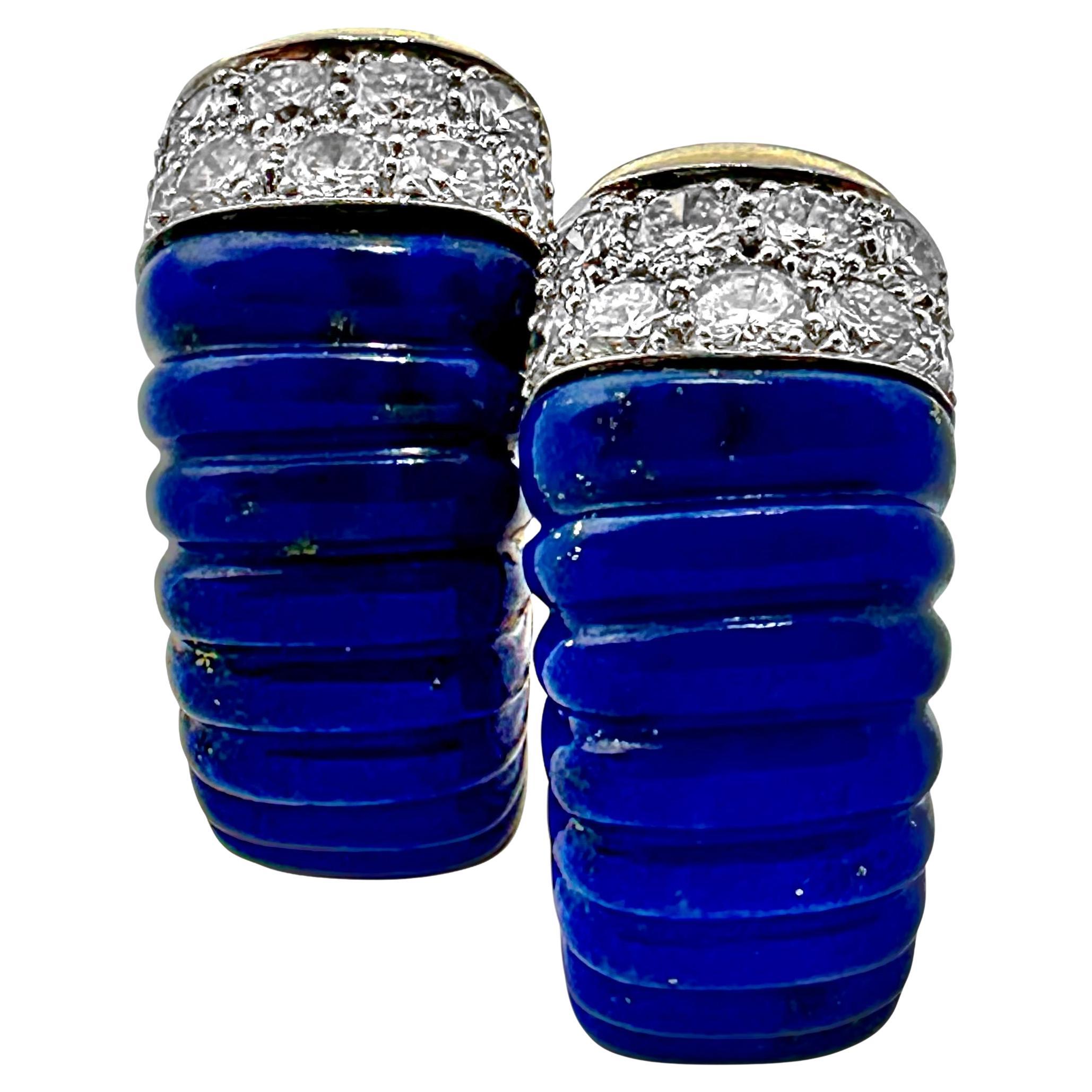 David Webb 18K Yellow Gold, Platinum,  Diamond and Lapis Lazuli J Hoop Earrings