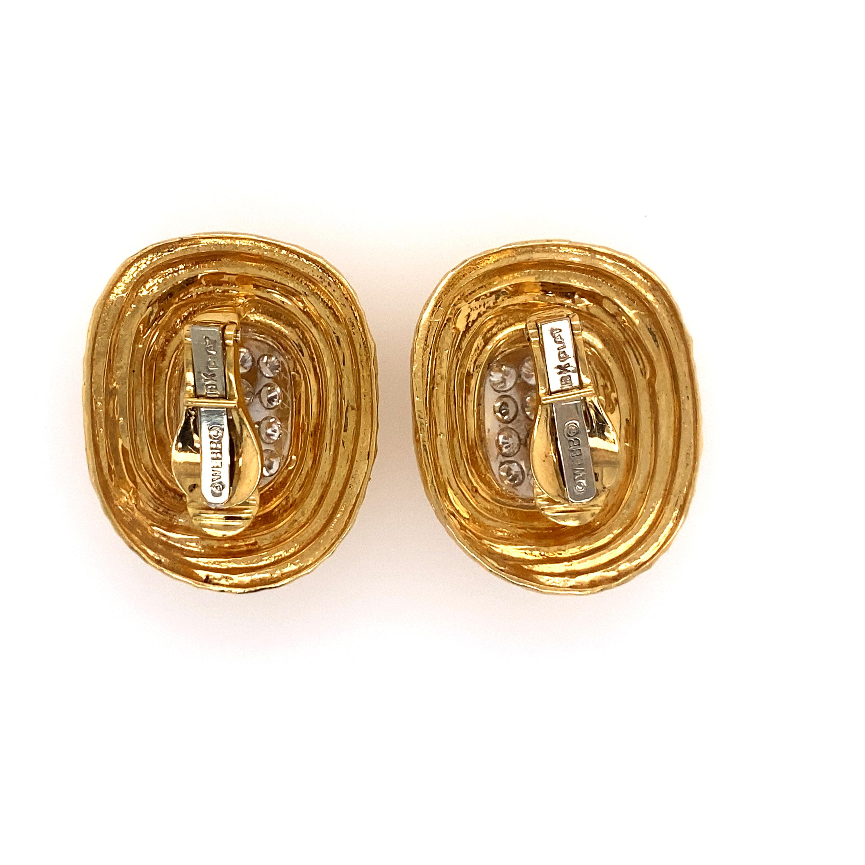 Pair of David Webb 18K yellow gold, platinum & diamond ear clips. Large and elegant, featuring central rectangular plaques accented with approx. 3.50cts. total weight of pave brilliant cut diamonds framed in a classic textured 18K yellow gold