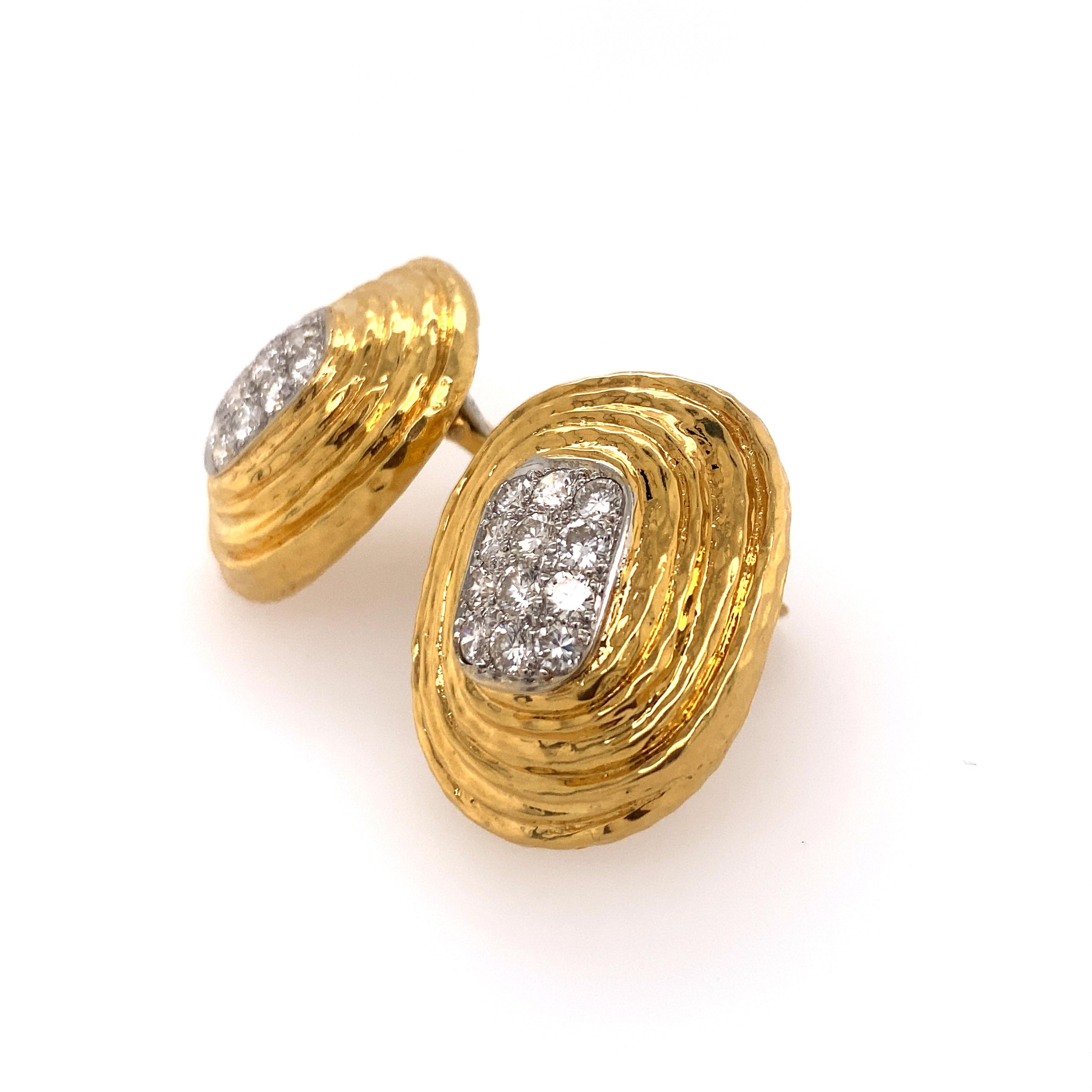 Brilliant Cut David Webb 18K Yellow Gold, Platinum, Diamond Earrings