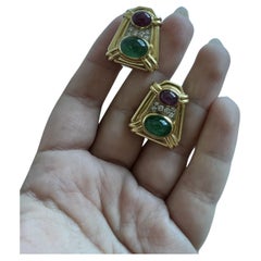 David Webb 18k Yellow Gold, Platinum, Diamond, Emerald & Ruby Earrings Vintage