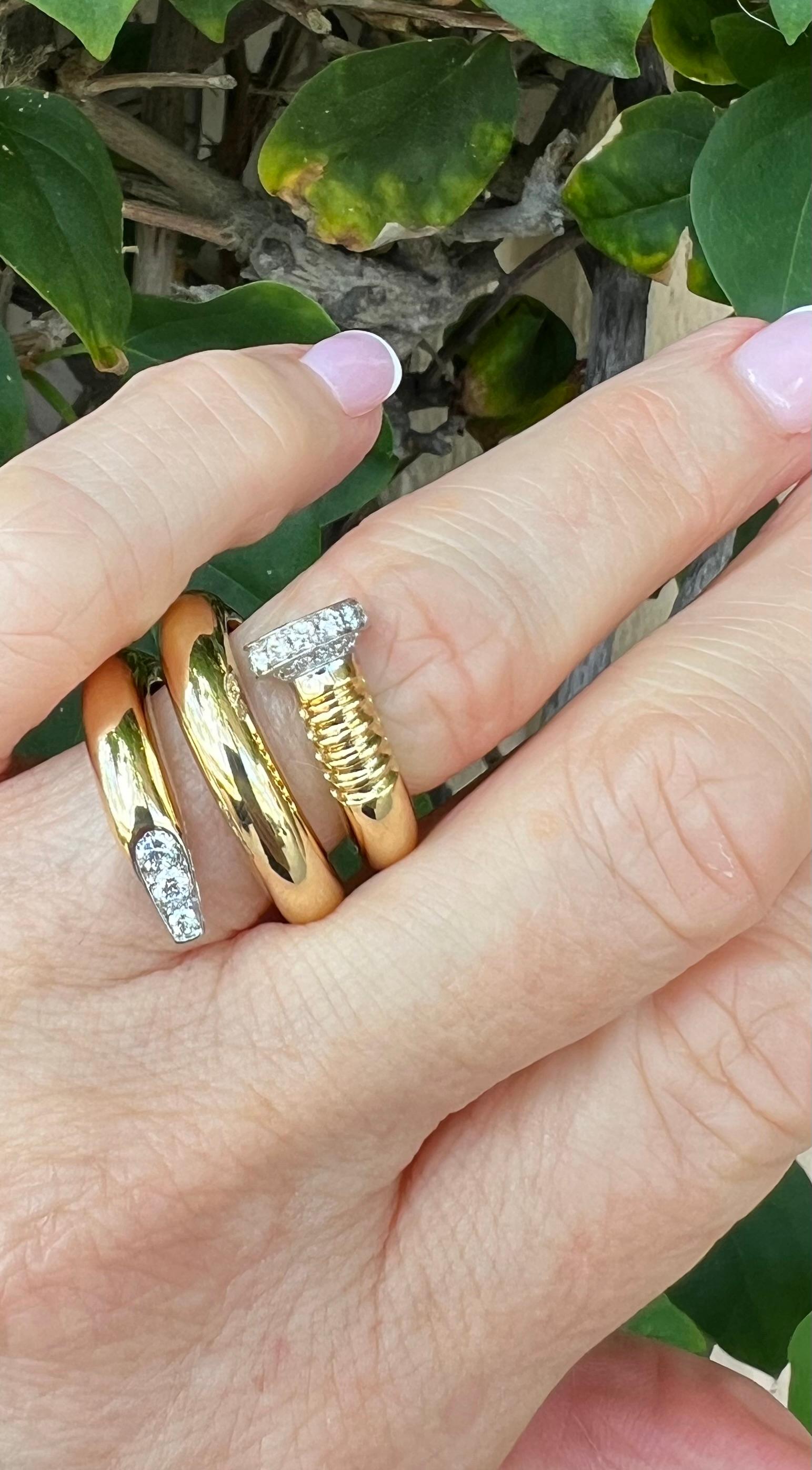 Modern David Webb 18k Yellow Gold Platinum Diamond Nail Ring