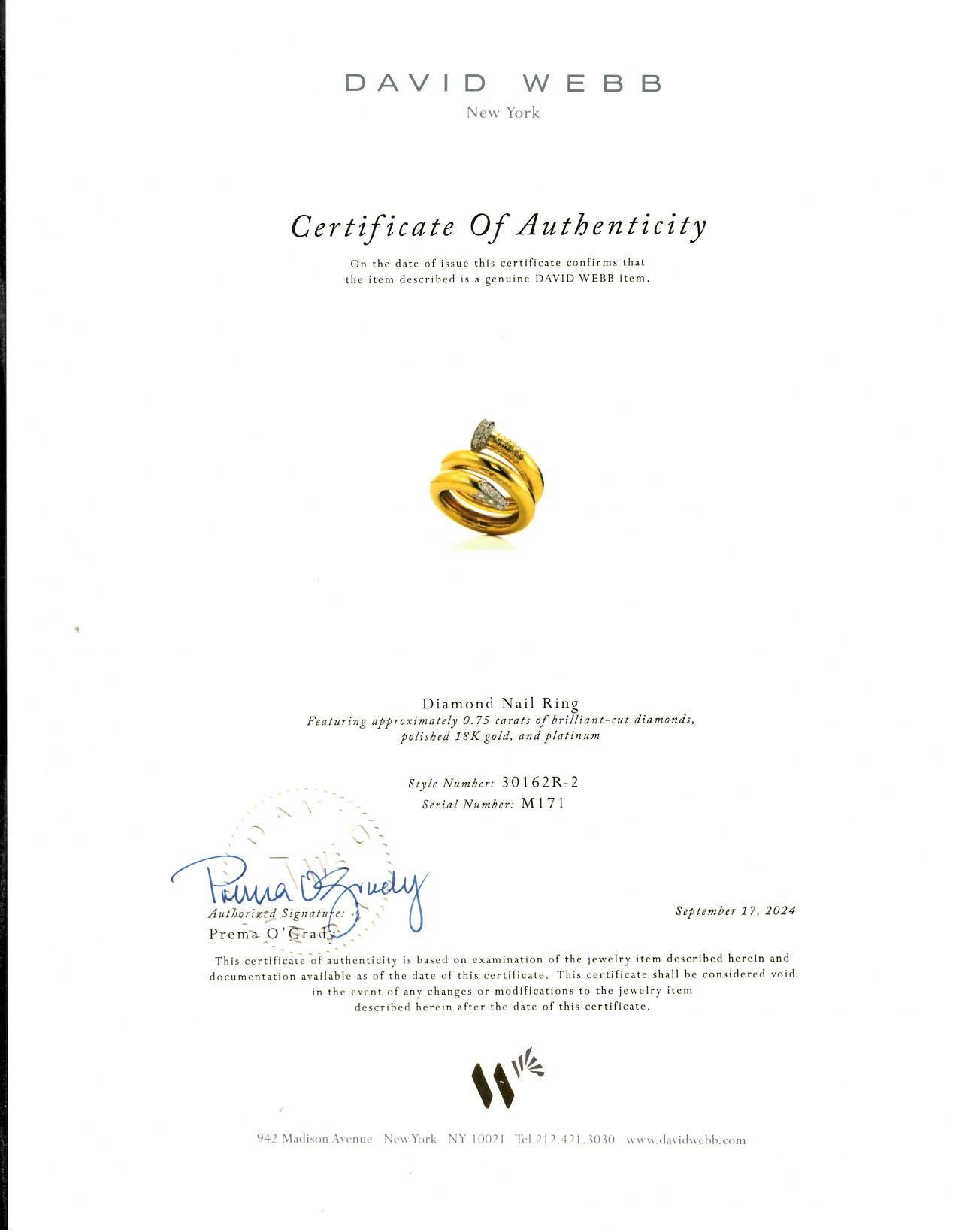 David Webb 18k Yellow Gold Platinum Diamond Nail Ring 2