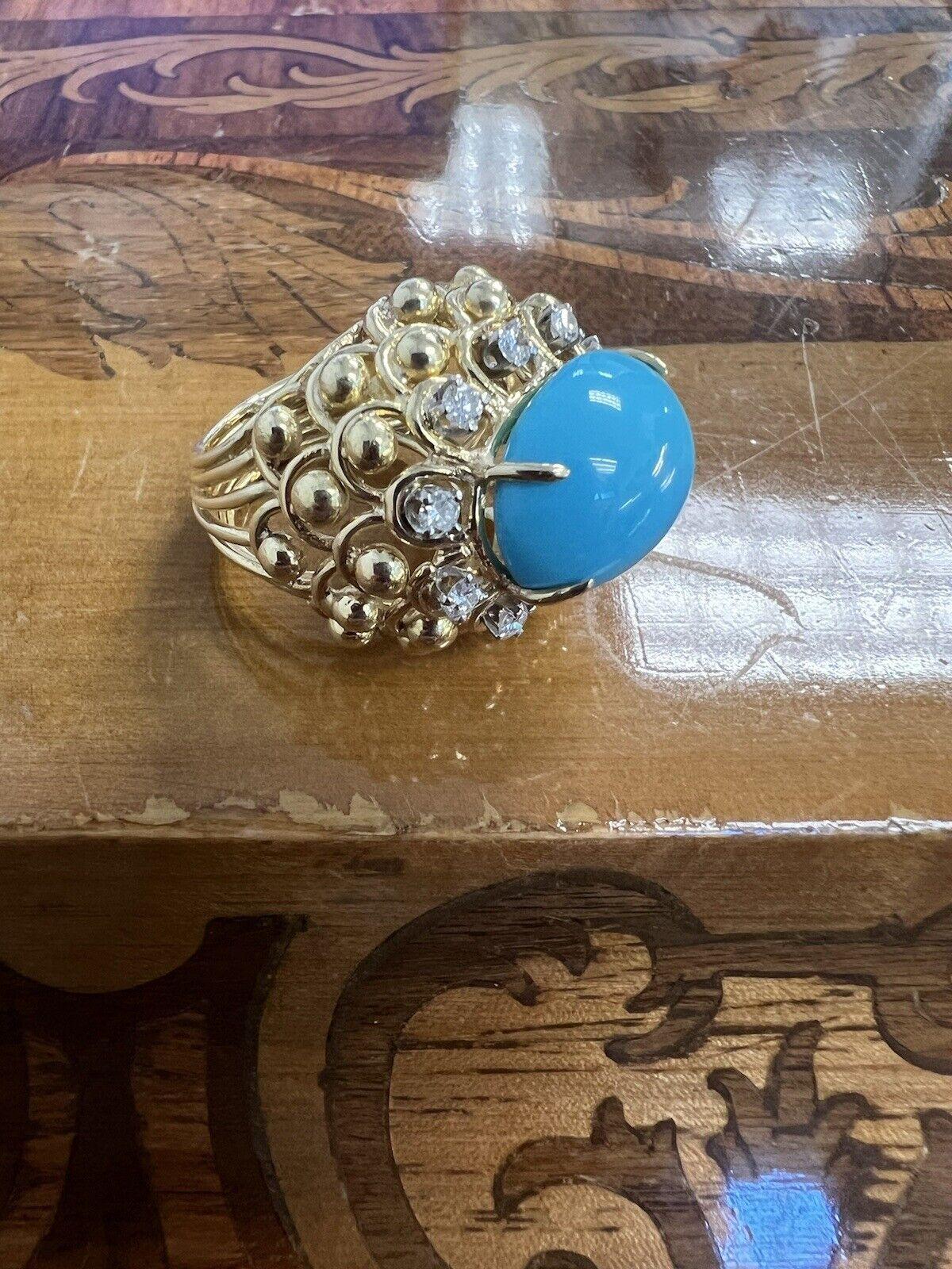 Round Cut DAVID WEBB 18k Yellow Gold, Platinum, Diamond & Turquoise Cocktail Ring Vintage