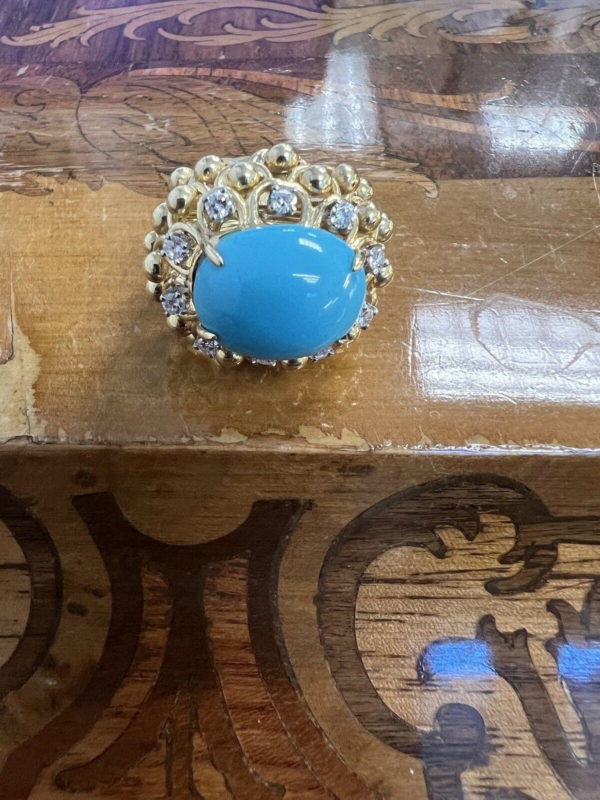 DAVID WEBB 18k Yellow Gold, Platinum, Diamond & Turquoise Cocktail Ring Vintage In Excellent Condition In Beverly Hills, CA