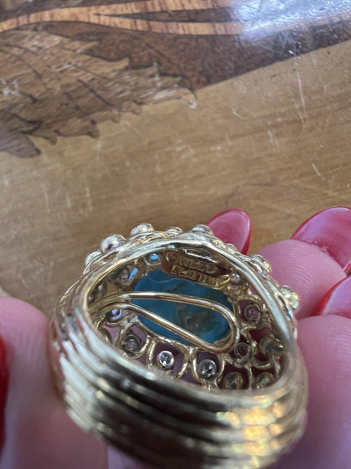 Women's or Men's DAVID WEBB 18k Yellow Gold, Platinum, Diamond & Turquoise Cocktail Ring Vintage