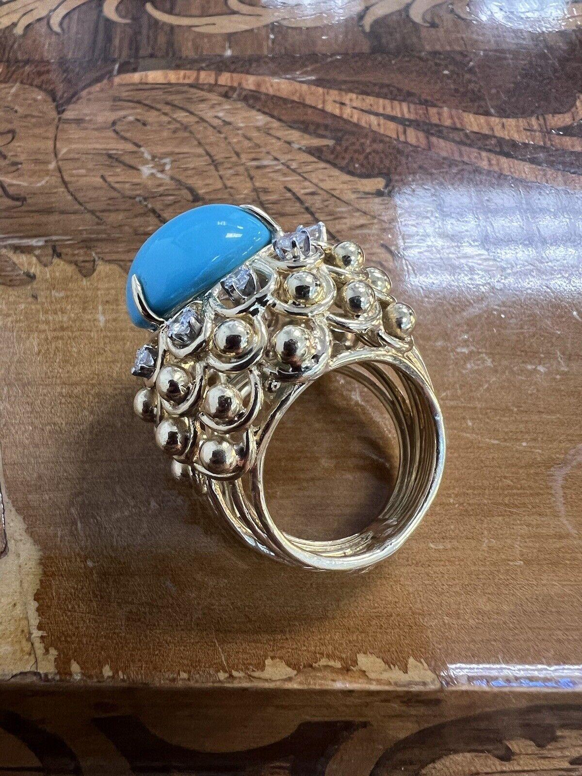 DAVID WEBB 18k Yellow Gold, Platinum, Diamond & Turquoise Cocktail Ring Vintage 2