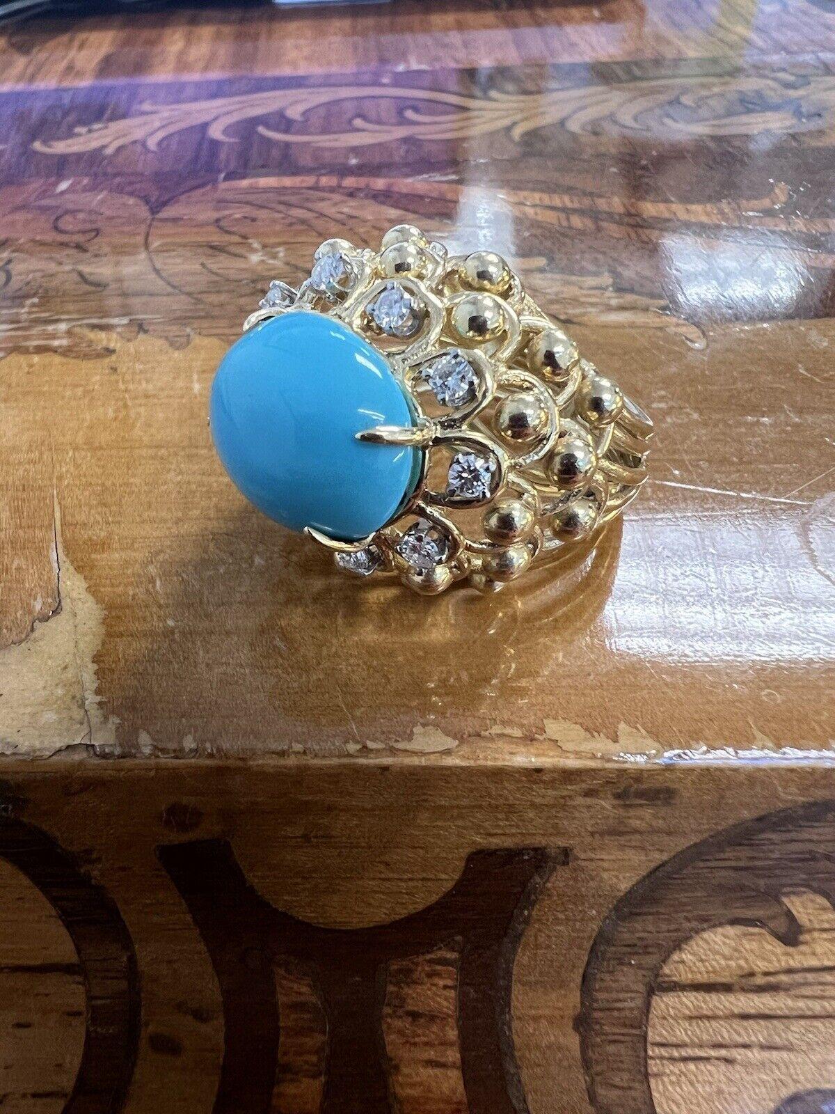 DAVID WEBB 18k Yellow Gold, Platinum, Diamond & Turquoise Cocktail Ring Vintage 3