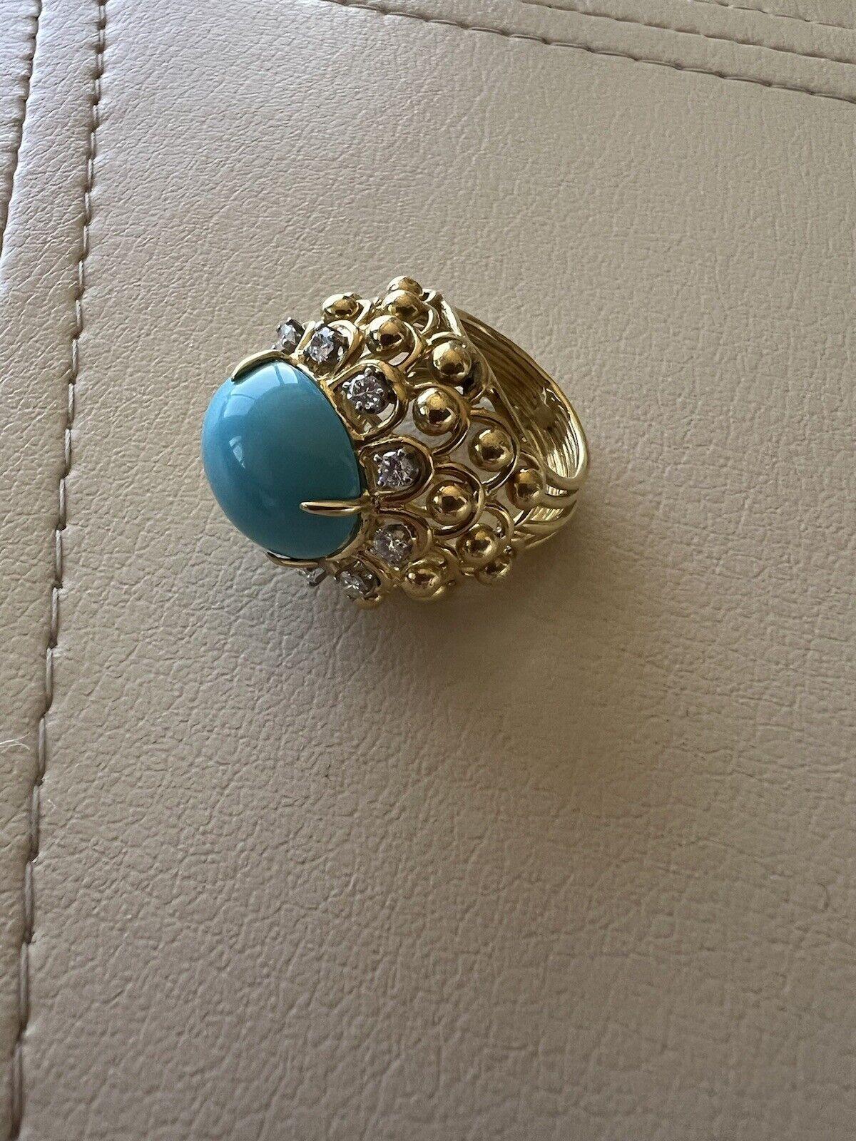 DAVID WEBB 18k Yellow Gold, Platinum, Diamond & Turquoise Cocktail Ring Vintage 4