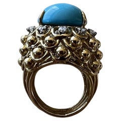 DAVID WEBB 18k Yellow Gold, Platinum, Diamond & Turquoise Cocktail Ring Vintage