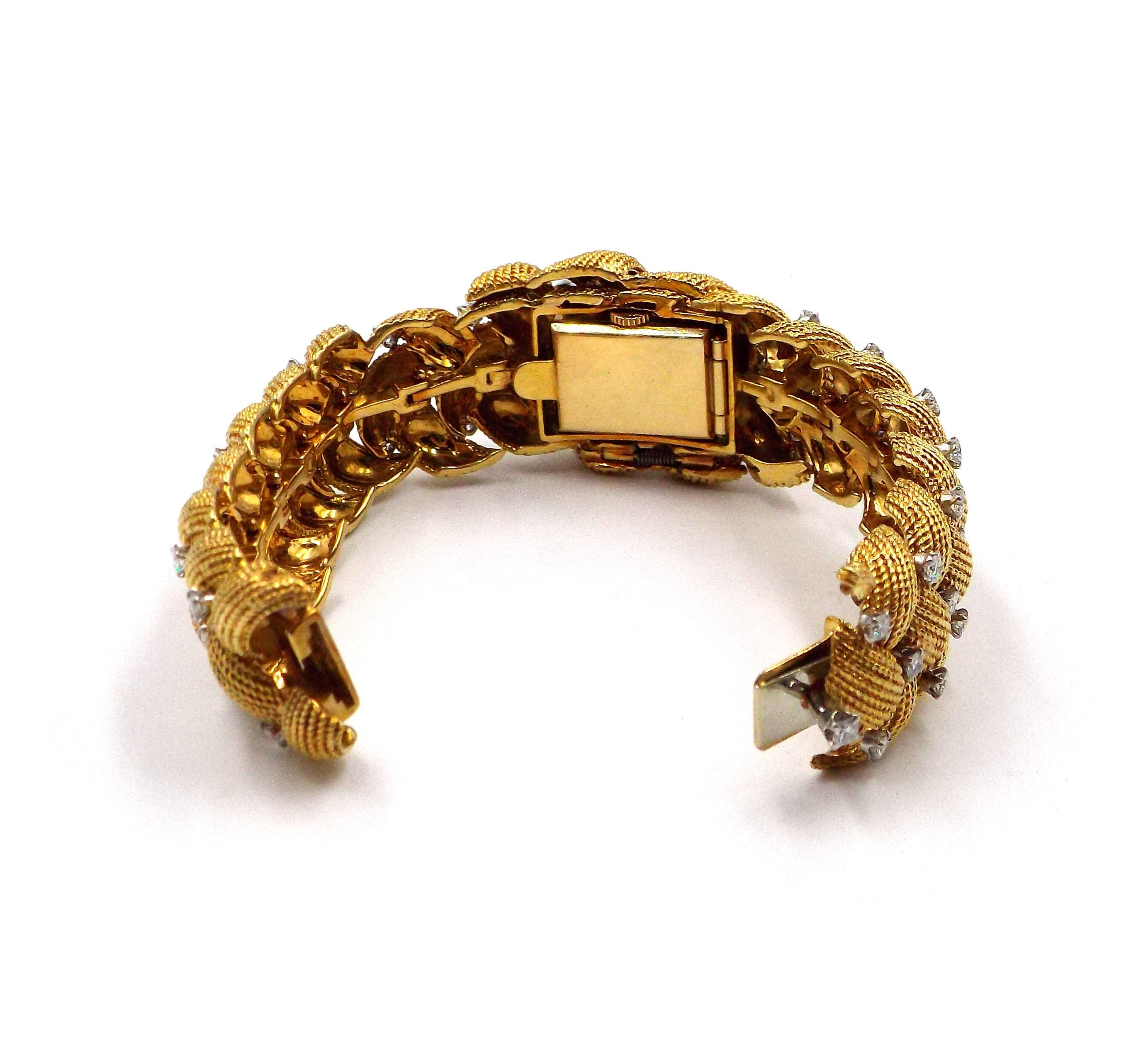 Women's David Webb 18K Yellow Gold Platinum Diamond Wristwatch Bracelet For Sale