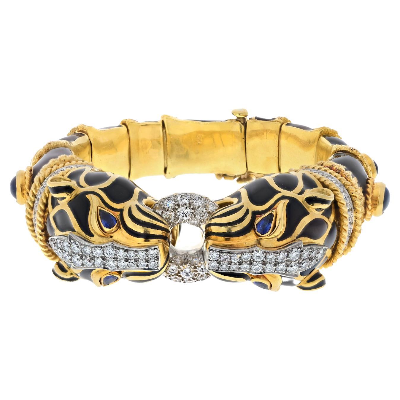 David Webb 18K Yellow Gold, Platinum Double Lion Black Enamel Sapphire Bracelet For Sale