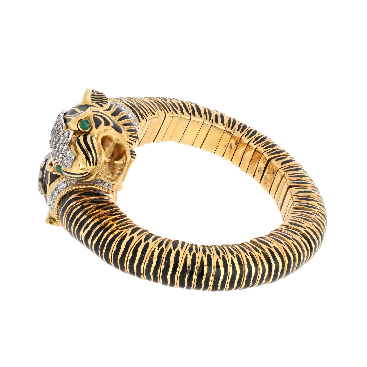 Moderne David Webb - Bracelet en or jaune 18 carats, platine, double tigre, animal en émail noir en vente