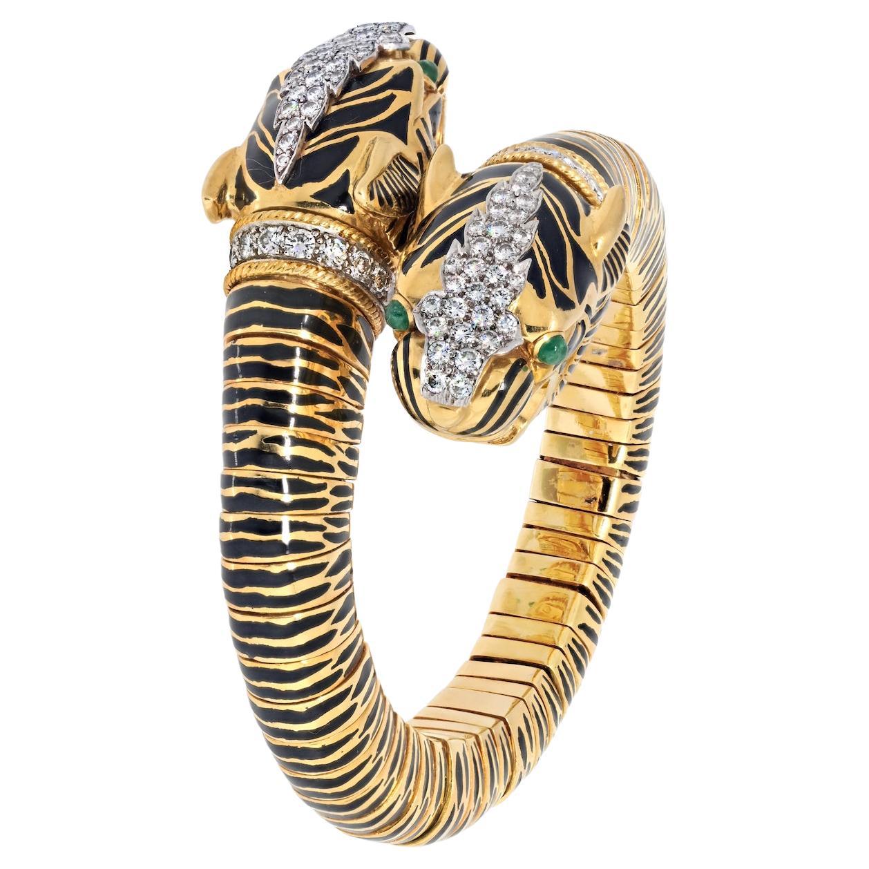 David Webb 18K Yellow Gold, Platinum Double Tiger Black Enamel Animal Bracelet For Sale