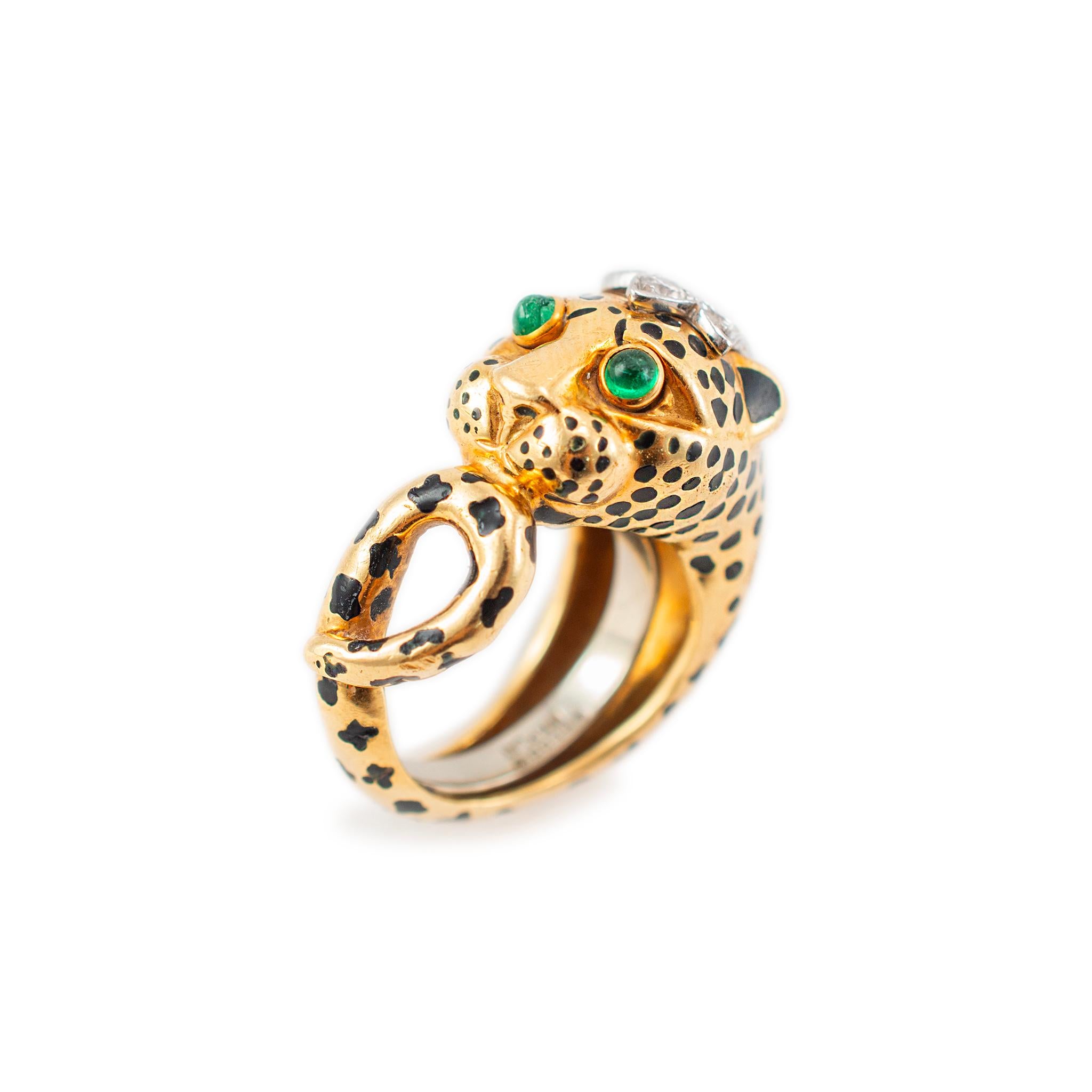 Brand: David Webb

Gender: Ladies

Metal Type: 18K Yellow Gold  & Platinum

Size: 5

Width: 13.00 mm

Weight: 14.40 Grams

One ladies designer made 18K yellow gold and platinum, diamond and emerald cocktail, ring with a half round shank, with