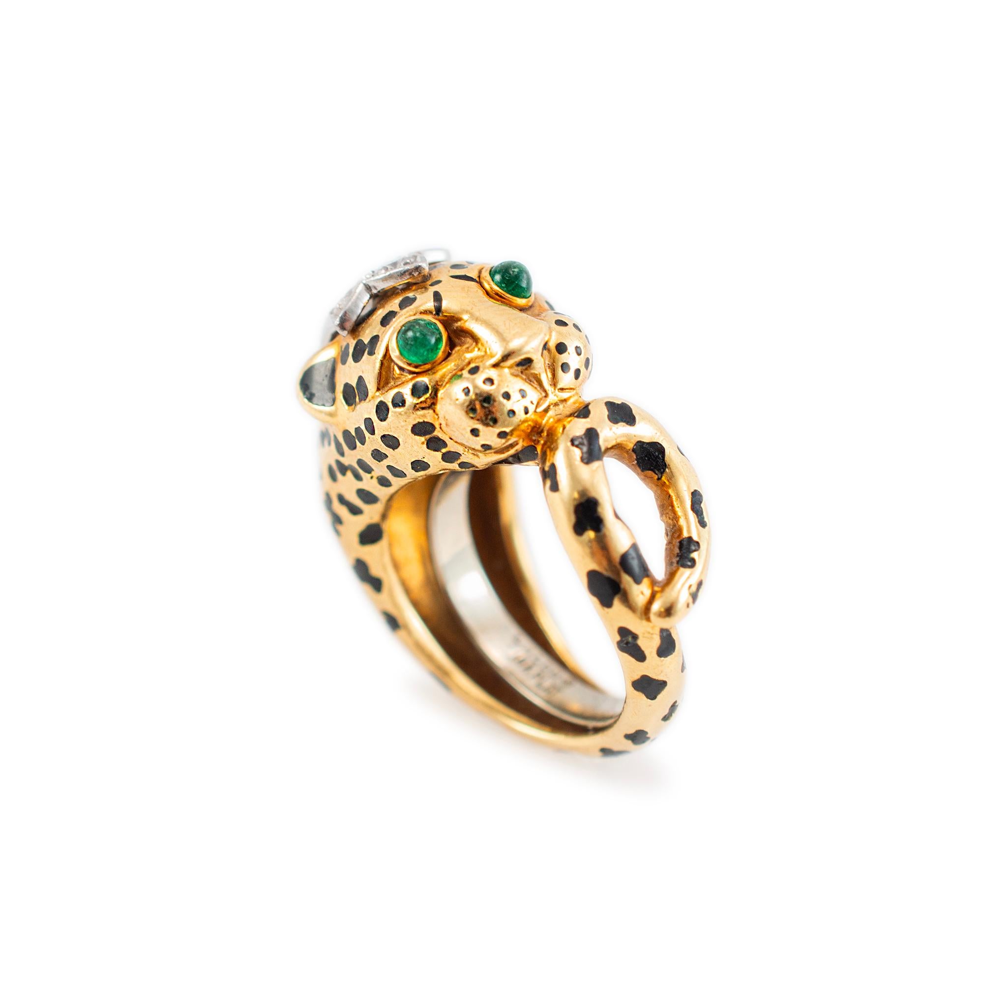 Round Cut David Webb 18K Yellow Gold & Platinum Leopard Looped Tail Diamond Cocktail Ring For Sale
