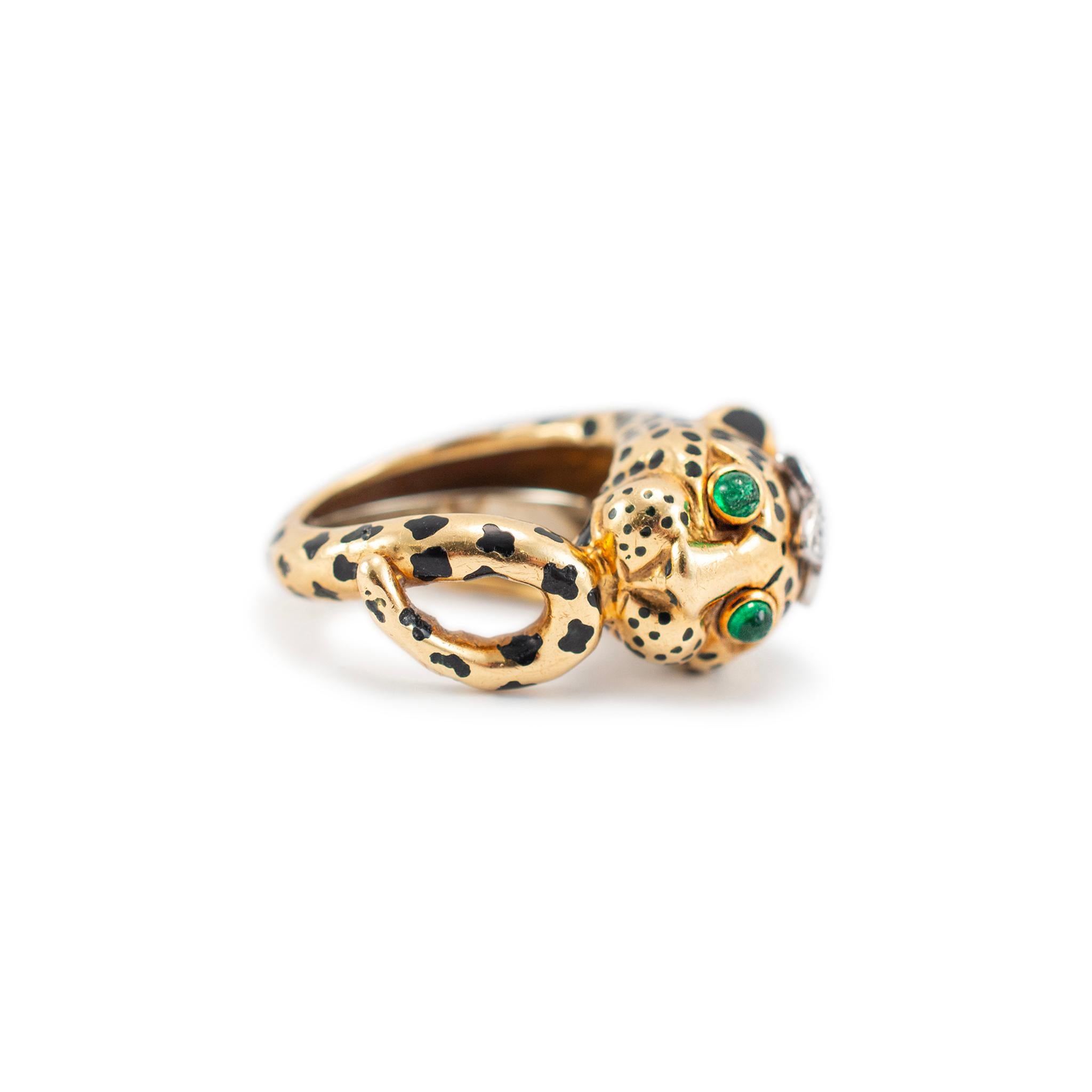 David Webb 18K Yellow Gold & Platinum Leopard Looped Tail Diamond Cocktail Ring In Excellent Condition For Sale In Houston, TX