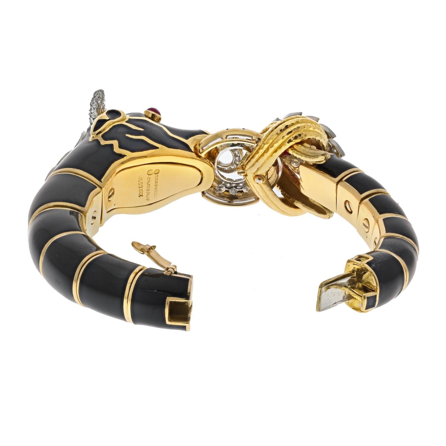 Round Cut David Webb 18k Yellow Gold Platinum Ruby and Diamond Black Enamel Bracelet For Sale