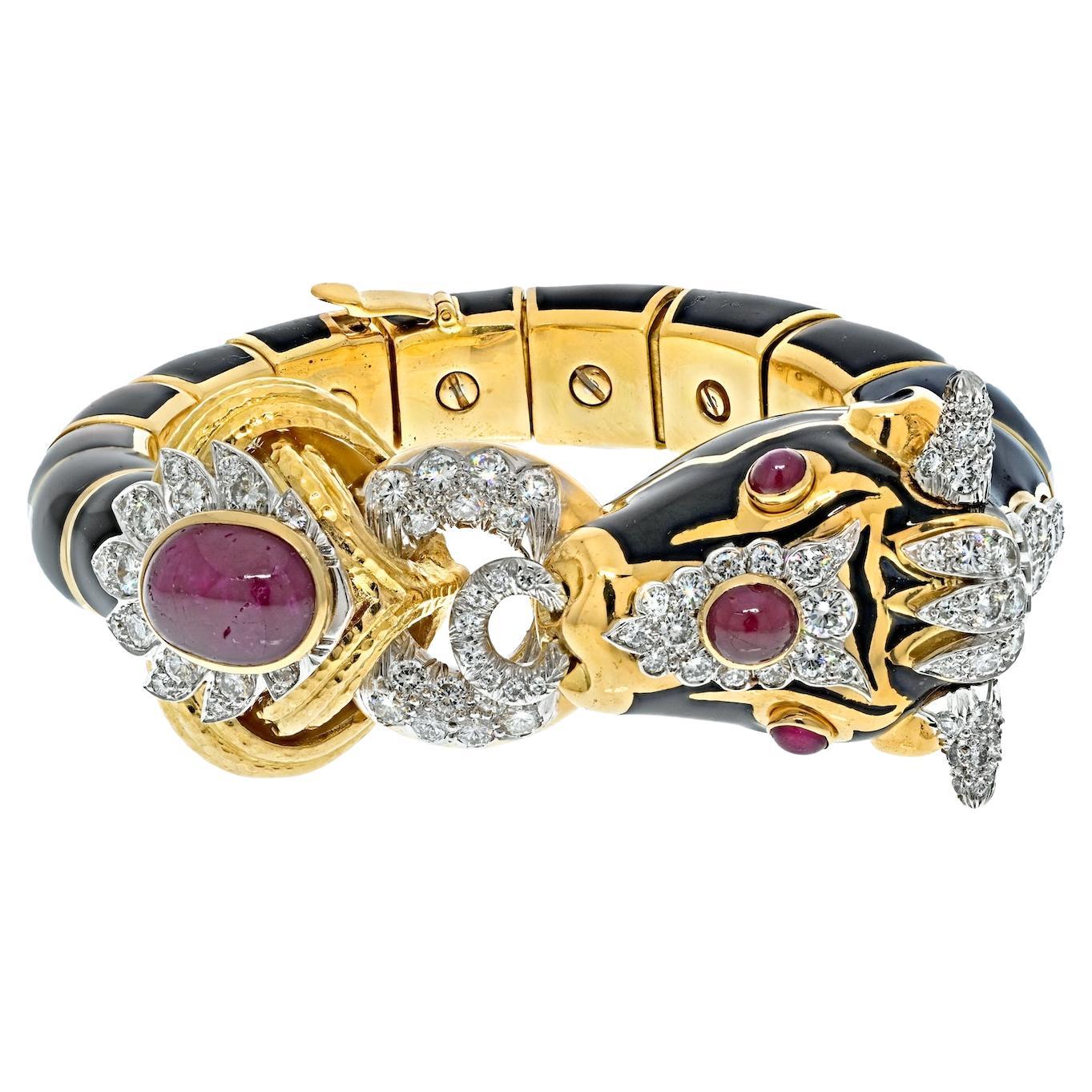 David Webb 18k Yellow Gold Platinum Ruby and Diamond Black Enamel Bracelet