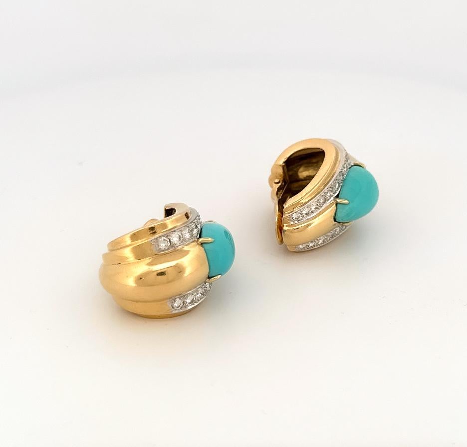 David Webb 18k Yellow Gold & Platinum Turquoise & Diamond Half Hoop Earrings 6